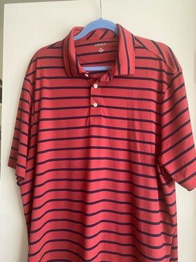 Daniel Cremieux Men's Coral Red Polo with Navy Stripes